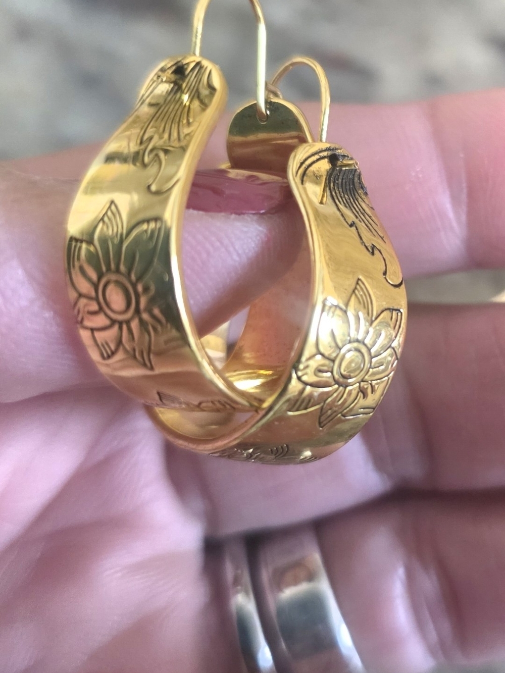 Gold Floral Engraved Gold Plated 18k Hoop Earrings - Women Jewelry